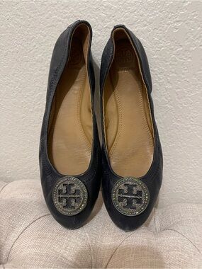 Tory Burch Navy Leather Logo Ballet Flats with Sparkle Medallions